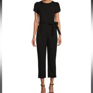 Short Sleeve Crew Neck Tie Waist Scuba Crepe Jumpsuit